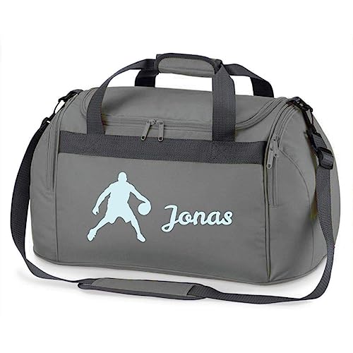 minimutz Sporttasche mit Namen Bedruckt für Kinder | Personalisierbar mit Motiv Basketball Spieler | Reisetasche Duffle Bag für Jungen Mädchen Sport (grau) von minimutz