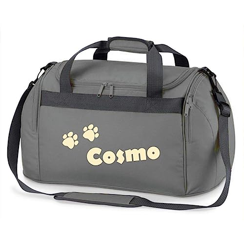 minimutz Sporttasche mit Pfoten | Personalisiert mit Namen | Sporttasche für Tierliebhaber Kinder | Hundetasche für die Tierpension | Reisetasche und Urlaubs-Tasche für Tiere (grau) von minimutz