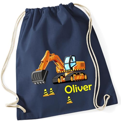 minimutz Turnbeutel Bagger Baustelle mit Namen personalisiert - Stoffbeutel Jungen Rucksack - Sportbeutel zum Zuziehen - 12L - 37x46cm (dunkelblau) von minimutz