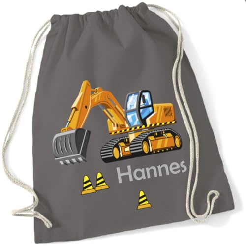 minimutz Turnbeutel Bagger Baustelle mit Namen personalisiert - Stoffbeutel Jungen Rucksack - Sportbeutel zum Zuziehen - 12L - 37x46cm (grau) von minimutz