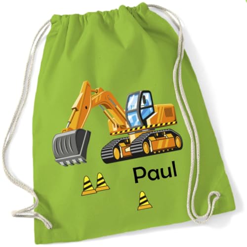 minimutz Turnbeutel Bagger Baustelle mit Namen personalisiert - Stoffbeutel Jungen Rucksack - Sportbeutel zum Zuziehen - 12L - 37x46cm (limette) von minimutz