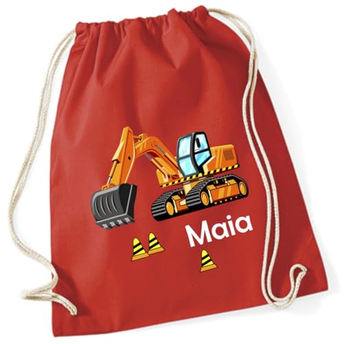 minimutz Turnbeutel Bagger Baustelle mit Namen personalisiert - Stoffbeutel Jungen Rucksack - Sportbeutel zum Zuziehen - 12L - 37x46cm (rot) von minimutz