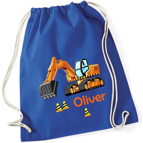 minimutz Turnbeutel Bagger Baustelle mit Namen personalisiert - Stoffbeutel Jungen Rucksack - Sportbeutel zum Zuziehen - 12L - 37x46cm (royalblau) von minimutz