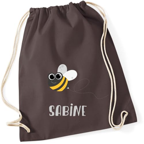 minimutz Turnbeutel Biene - Personalisiert mit Namen - Kinder Stoffbeutel Rucksack zum Zuziehen - Sportbeutel Baumwolle zum Zuziehen - 12L - 37x46cm (braun) von minimutz