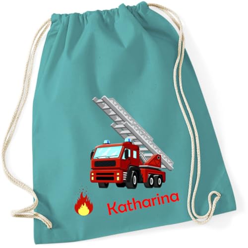 minimutz Turnbeutel Feuerwehr mit Namen personalisiert - Stoffbeutel Jungen Rucksack - Sportbeutel zum Zuziehen - 12L - 37x46cm (türkis) von minimutz