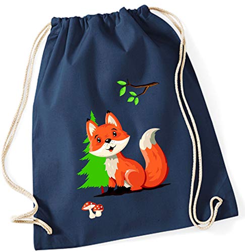 minimutz Turnbeutel Fuchs für Kinder | Stoffbeutel Baumwolle Fuchs Wald-Tiere | Sportbeutel zum Zuziehen mit Kordel 37cm x 46cm (dunkelblau) von minimutz