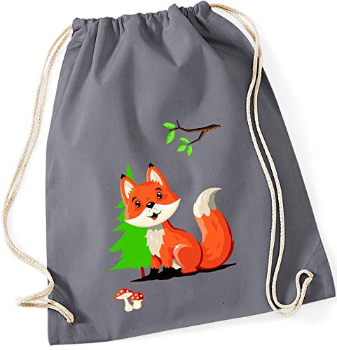 minimutz Turnbeutel Fuchs für Kinder | Stoffbeutel Baumwolle Fuchs Wald-Tiere | Sportbeutel zum Zuziehen mit Kordel 37cm x 46cm (grau) von minimutz