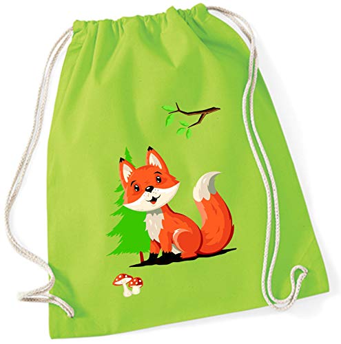 minimutz Turnbeutel Fuchs für Kinder | Stoffbeutel Baumwolle Fuchs Wald-Tiere | Sportbeutel zum Zuziehen mit Kordel 37cm x 46cm (limette) von minimutz