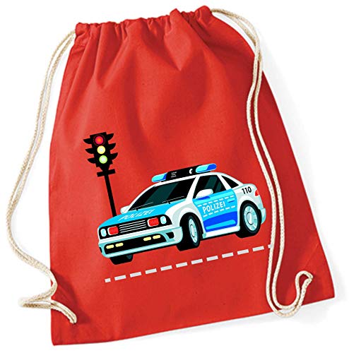 minimutz Turnbeutel Kinder Jungen aus Baumwolle | Motiv Polizei Auto mit Ampel | Schuhbeutel Sportbeutel zum Zuziehen mit Kordel 37cm x 46cm in rot von minimutz
