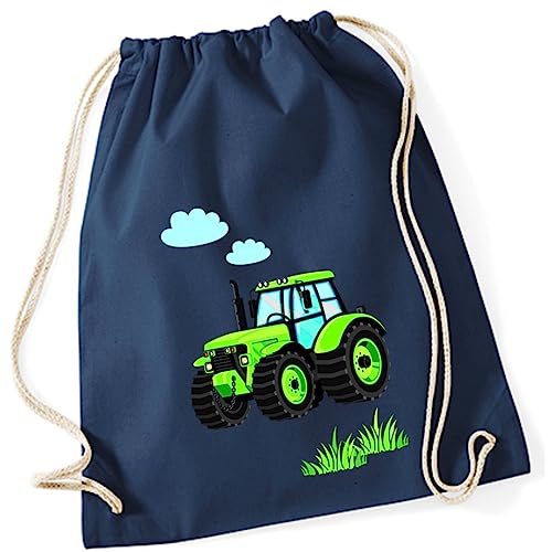 minimutz Turnbeutel Kinder Jungen aus Baumwolle | Motiv Traktor Bulldog mit Wolken & Gras | Schuhbeutel Sportbeutel zum Zuziehen mit Kordel 37cm x 46cm in Dunkelblau Navy von minimutz