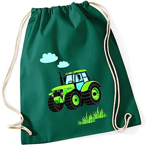 minimutz Turnbeutel Kinder Jungen aus Baumwolle | Motiv Traktor Bulldog mit Wolken & Gras | Schuhbeutel Sportbeutel zum Zuziehen mit Kordel 37cm x 46cm in Dunkelgrün Grün von minimutz