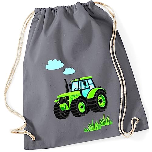 minimutz Turnbeutel Kinder Jungen aus Baumwolle | Motiv Traktor Bulldog mit Wolken & Gras | Schuhbeutel Sportbeutel zum Zuziehen mit Kordel 37cm x 46cm in Grau von minimutz