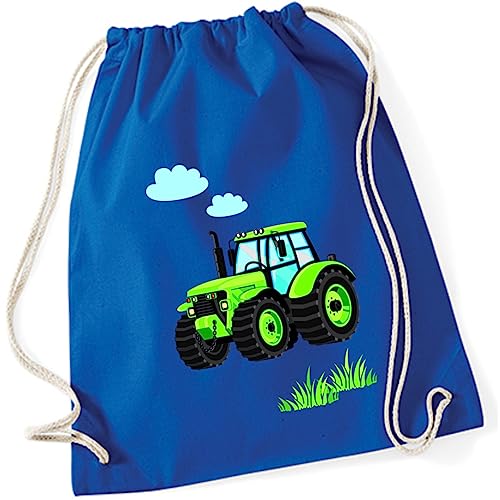 minimutz Turnbeutel Kinder Jungen aus Baumwolle | Motiv Traktor Bulldog mit Wolken & Gras | Schuhbeutel Sportbeutel zum Zuziehen mit Kordel 37cm x 46cm in Royalblau Blau von minimutz