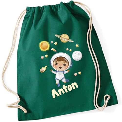 minimutz Turnbeutel Kinder mit Namen personalisiert - Stoffbeutel Rucksack zum Zuziehen - Sportbeutel Astronaut - 12L - 37x46cm (dunkelgrün) von minimutz