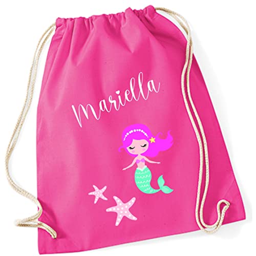 minimutz Turnbeutel Mädchen Meerjungfrau mit Seesternen und Namen bedruckt | personalisierter Stoffbeutel Baumwolle Geschenk Kinder (pink) von minimutz