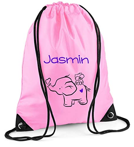 minimutz Turnbeutel Mädchen rosa personalisiert mit Namen | Motiv Elefant mit Herz & Eule | Sportbeutel Schuhbeutel für Kinder | Rucksack zum Zuziehen von minimutz