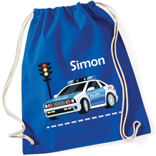 minimutz Turnbeutel Polizei-Auto mit Namen personalisiert - Stoffbeutel Jungen Rucksack - Sportbeutel zum Zuziehen - 12L - 37x46cm (royalblau) von minimutz