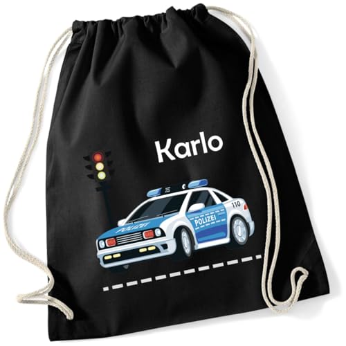 minimutz Turnbeutel Polizei-Auto mit Namen personalisiert - Stoffbeutel Jungen Rucksack - Sportbeutel zum Zuziehen - 12L - 37x46cm (schwarz) von minimutz