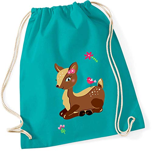 minimutz Turnbeutel REH Kitz Kinder - Stoffbeutel Mädchen Jungen Rucksack - Sportbeutel zum Zuziehen - 12L - 37x46cm (türkis) von minimutz