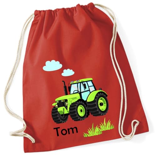 minimutz Turnbeutel Traktor mit Namen personalisiert - Stoffbeutel Jungen Rucksack - Sportbeutel zum Zuziehen - 12L - 37x46cm (rot) von minimutz