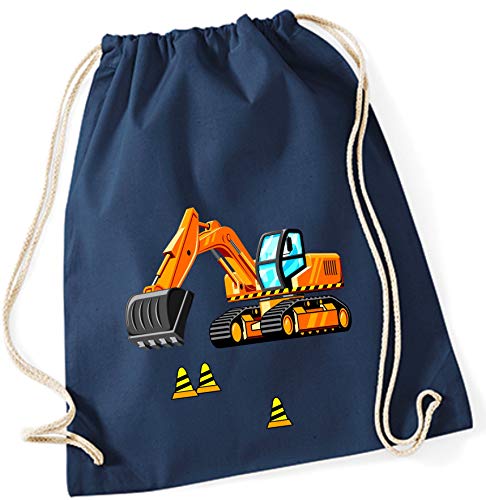 minimutz Turnbeutel für Jungen | Motiv Bagger & Baustelle | Stoffbeutel aus Baumwolle zum Zuziehen für Kinder | Zuziehrucksack mit Kordel (dunkelblau) von minimutz