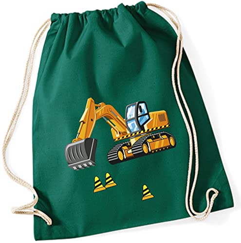 minimutz Turnbeutel für Jungen | Motiv Bagger & Baustelle | Stoffbeutel aus Baumwolle zum Zuziehen für Kinder | Zuziehrucksack mit Kordel (dunkelgrün) von minimutz