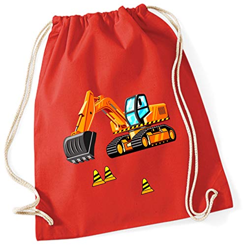minimutz Turnbeutel für Jungen | Motiv Bagger & Baustelle | Stoffbeutel aus Baumwolle zum Zuziehen für Kinder | Zuziehrucksack mit Kordel (rot) von minimutz