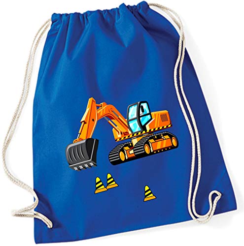 minimutz Turnbeutel für Jungen | Motiv Bagger & Baustelle | Stoffbeutel aus Baumwolle zum Zuziehen für Kinder | Zuziehrucksack mit Kordel (royalblau) von minimutz