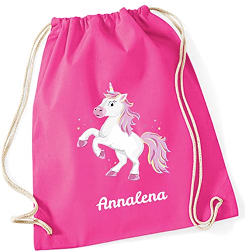 minimutz Turnbeutel für Kinder | Motiv Einhorn Ella | Schuhbeutel Jutesack zum Zuziehen für Mädchen | Stoffbeutel mit Kordel für Schule, Kindergarten, Freizeit (pink inkl. Namensdruck) von minimutz