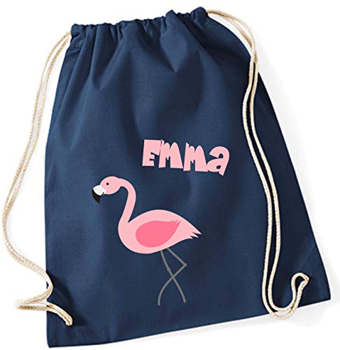 minimutz Turnbeutel mit Namen | Motiv Flamingo Vogel | inkl. NAMENSDRUCK | Stoffbeutel Hipster-Rucksack für Kinder & Mädchen in rosa pink lila (dunkelbau) von minimutz