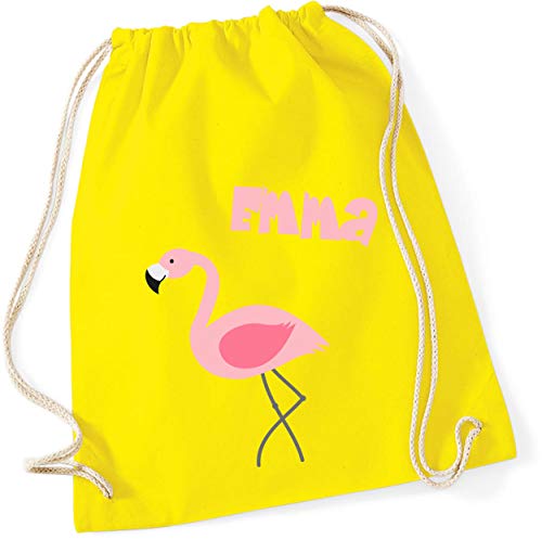 minimutz Turnbeutel mit Namen | Motiv Flamingo Vogel | inkl. NAMENSDRUCK | Stoffbeutel Hipster-Rucksack für Kinder & Mädchen in rosa pink lila (gelb) von minimutz