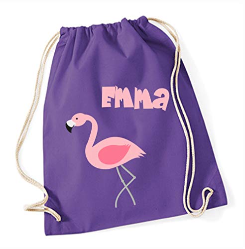 minimutz Turnbeutel mit Namen | Motiv Flamingo Vogel | inkl. NAMENSDRUCK | Stoffbeutel Hipster-Rucksack für Kinder & Mädchen in rosa pink lila (lila) von minimutz