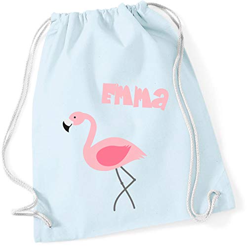 minimutz Turnbeutel mit Namen | Motiv Flamingo Vogel | inkl. NAMENSDRUCK | Stoffbeutel Hipster-Rucksack für Kinder & Mädchen in rosa pink lila (pastellblau) von minimutz