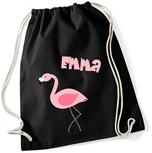 minimutz Turnbeutel mit Namen | Motiv Flamingo Vogel | inkl. NAMENSDRUCK | Stoffbeutel Hipster-Rucksack für Kinder & Mädchen in rosa pink lila (schwarz) von minimutz