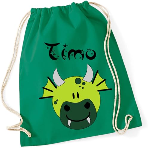 minimutz Turnbeutel Drache Kinder - Personalisiert mit Namen - Kinder Stoffbeutel Rucksack zum Zuziehen - Sportbeutel Baumwolle zum Zuziehen - 12L - 37x46cm (mittelgrün) von minimutz