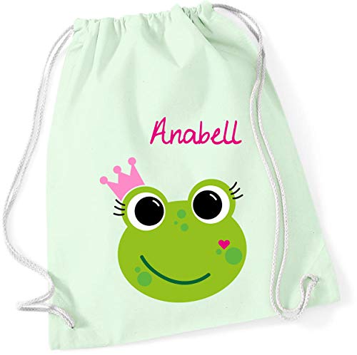 minimutz Turnbeutel mit Namen | inkl. Namensdruck | Motiv Frosch-Königin | Stoffbeutel Zuziehbeutel Rucksack Sportbeutel für Kinder Mädchen Krone (pastellgrün) von minimutz