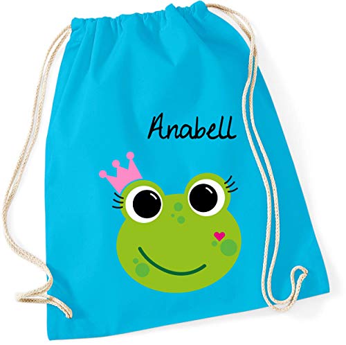 minimutz Turnbeutel mit Namen | inkl. Namensdruck | Motiv Frosch-Königin | Stoffbeutel Zuziehbeutel Rucksack Sportbeutel für Kinder Mädchen Krone (surfblau) von minimutz