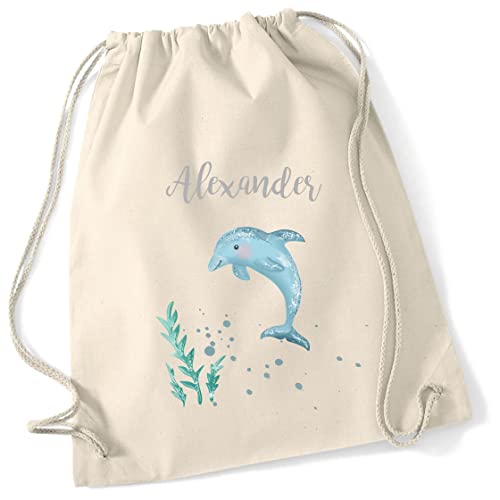 minimutz Turnbeutel personalisiert für Kinder mit Delfin und Name | Stoffbeutel mit Kordel zum Zuziehen | Geschenk-Idee Schulstart Geburtstag(natur) von minimutz