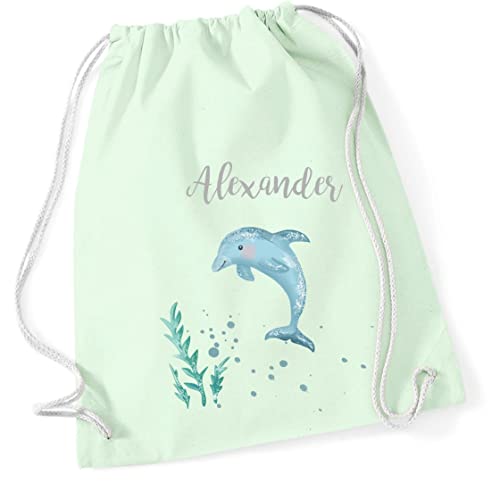 minimutz Turnbeutel personalisiert für Kinder mit Delfin und Name | Stoffbeutel mit Kordel zum Zuziehen | Geschenk-Idee Schulstart Geburtstag(pastellgrün) von minimutz