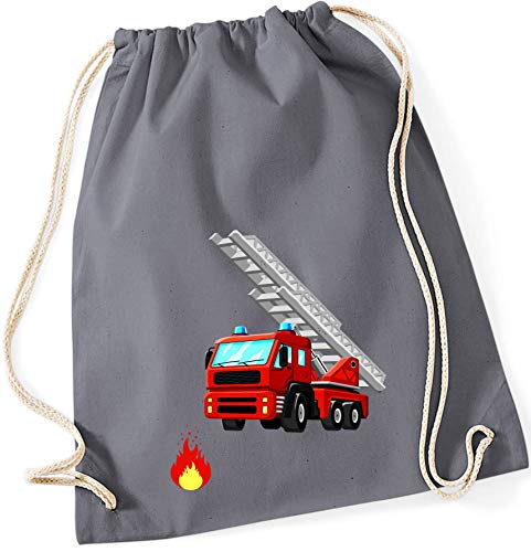 minimutz Zuzieh Turnbeutel für Kinder | Motiv Feuerwehr mit Leiter & Flamme | Schuhbeutel Sportbeutel zum Zuziehen für Jungen | Stoffbeutel mit Kordel (grau) von minimutz