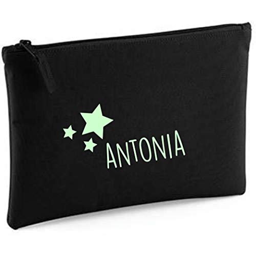 minimutz personalisierte Kosmetiktasche für Mädchen | Motiv Sterne & Namensdruck | Schminktasche für Kinder inkl. Name | Kulturtasche Make-up Täschchen mit Reißverschluss | 28cm x 19cm (schwarz) von minimutz