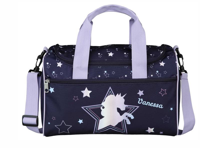 Kleine Sporttasche Mädchen Mit Namen | Motiv Einhorn Dreamland Sternen in Lila Personalisierte Reisetasche Umhängetasche von minimutzShop