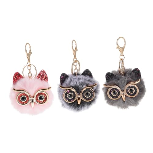 minkissy 3 Stück Eulen Schlüsselanhänger Dekorativer Haarball Schlüsselring Flauschige Schlüsselanhänger Für Taschen Für Frauen Schlüssel Zubehör in Rosa Grau Schwarz von minkissy