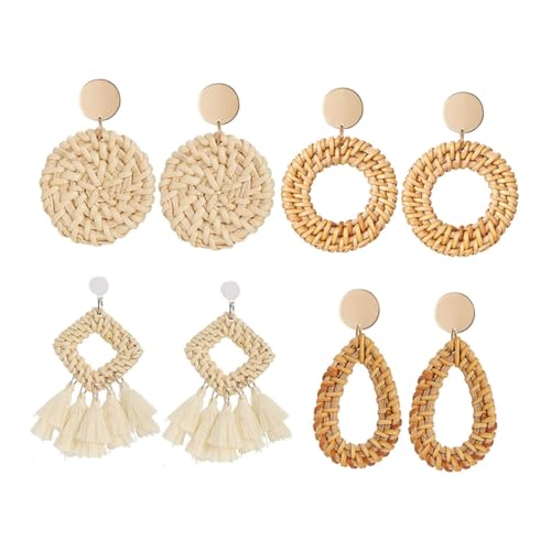 4 Paare Handgefertigte Rattan Ohrringe Stilvolle Geometrische Ohrstecker für Damen für Partys Besondere Anlässe von minkissy
