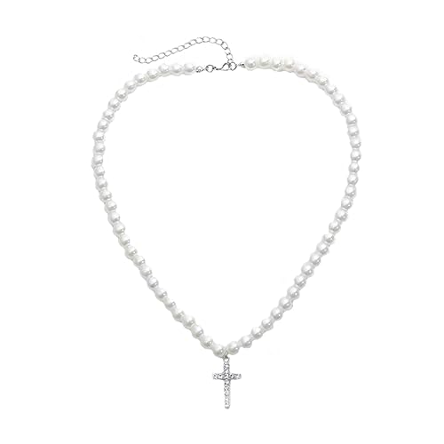 minkissy Perlenkette Mit Kreuzanhänger Für Damen Stilvolle Halskette Mit Strass Und Leichtem Design Perfektes Für Besondere Anlässe Wie Weihnachten Valentinstag Oder Muttertag von minkissy