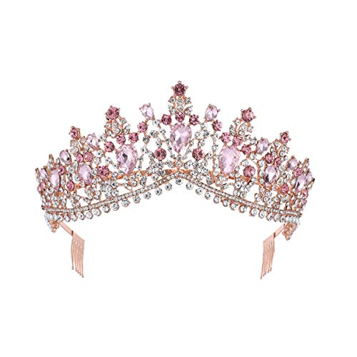 Minkissy Barock Vintage Krone mit Kamm Rosa Kristall Hochzeit Braut Tiara Barock Königin Krone Halloween Abschlussball Kostüm Diademe Haarschmuck für Frau Mädchen von minkissy