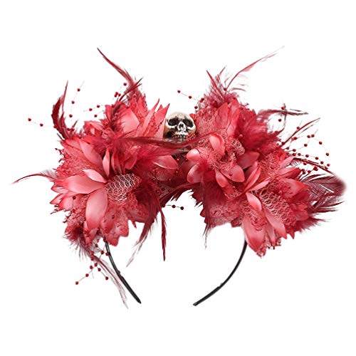 Minkissy Halloween Kostüm Stirnbänder Blume Feder Schädel Tag Der Toten Kopfbedeckung Mexikanische Blume Krone Dia de Los Muertos Rose Kopfbedeckung Haarreifen für Halloween Cosplay von minkissy