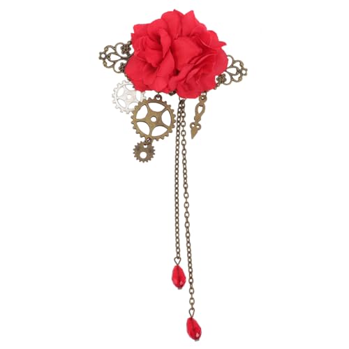 Minkissy Vintage Steampunk Haarspange Gothic Blume Haarnadeln Brosche Quaste Steam Punk Haarspangen Cosplay Kostüm Haarschmuck für Frauen (Rot) von minkissy
