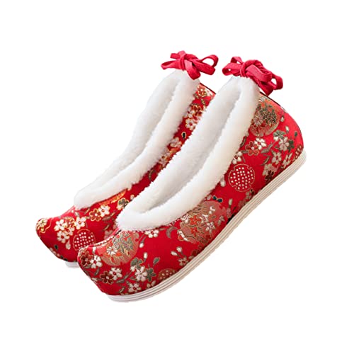 minkissy 1 Paar Chinesischer Schuh bestickte Stoffschuhe Mädchen sandalen flache Schuhe Damen chinesische Hausschuhe Schuhe Chinesisch gestickt Blumenschuh Blumensticker Schuh Gummi rot von minkissy