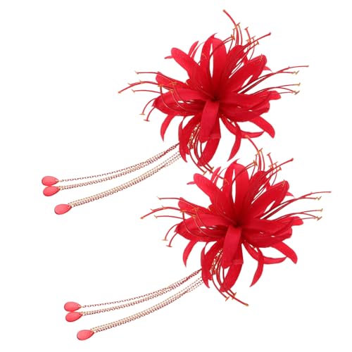 minkissy 1 Paar Haarnadel-Kopfbedeckung Hanfu Haarschmuck Haarnadel Hanfu-Kopfschmuck langer Quastenkopfschmuck Haarspangen mit Quasten für Damen Hanfu -Zubehör Stoff rot von minkissy